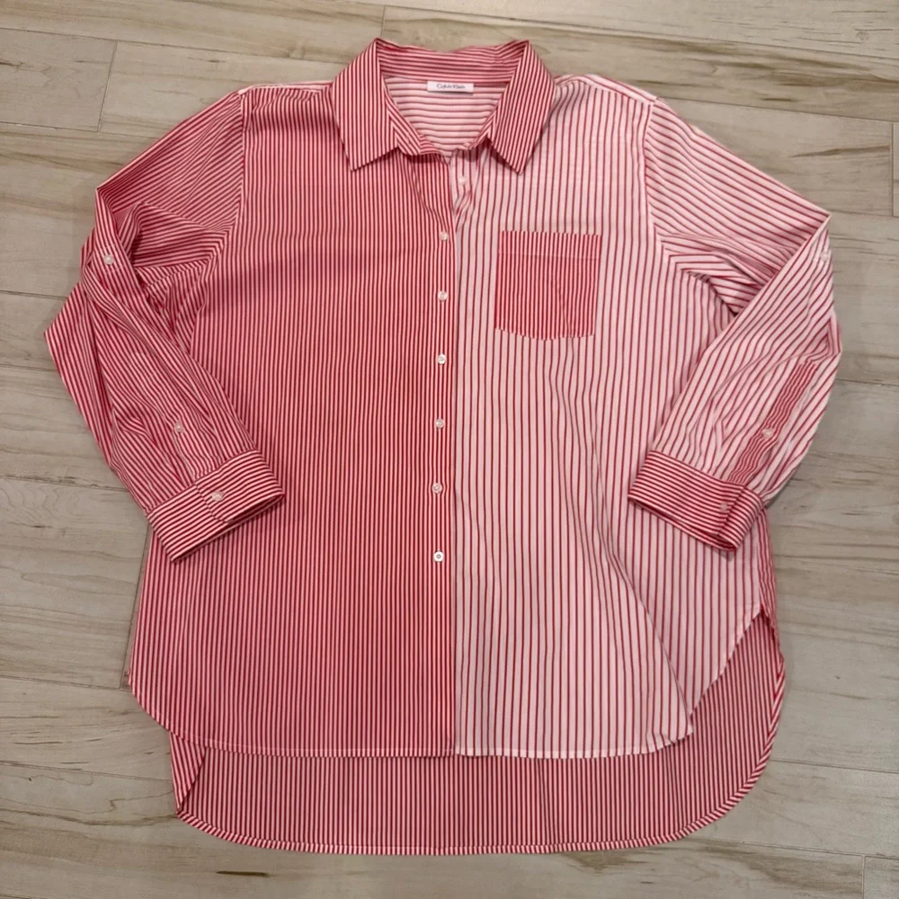 Vintage Calvin Klein Red & White Vertical Stripe Long Sleeve Button Up Size L - Picture 4 of 9